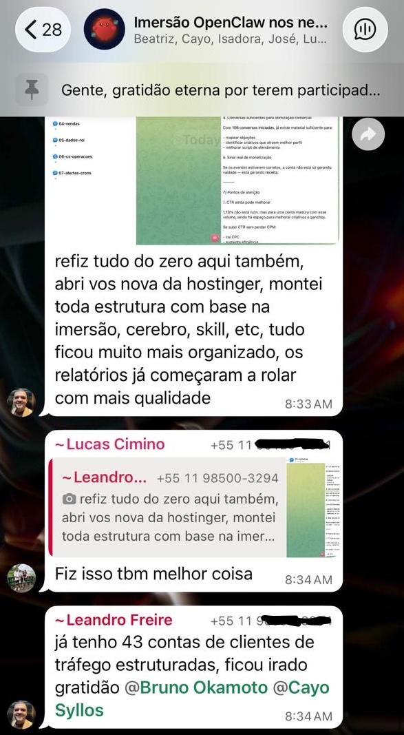 Lucas L., aluno da Imersão OpenClaw: 43 contas de clientes de tráfego estruturadas