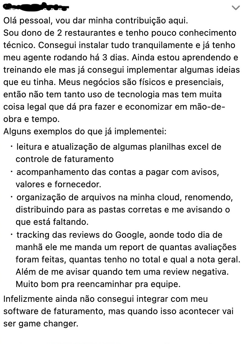 Dono de 2 restaurantes: agente rodando há 5 dias automatizando planilhas, contas a pagar, cloud e reviews do Google